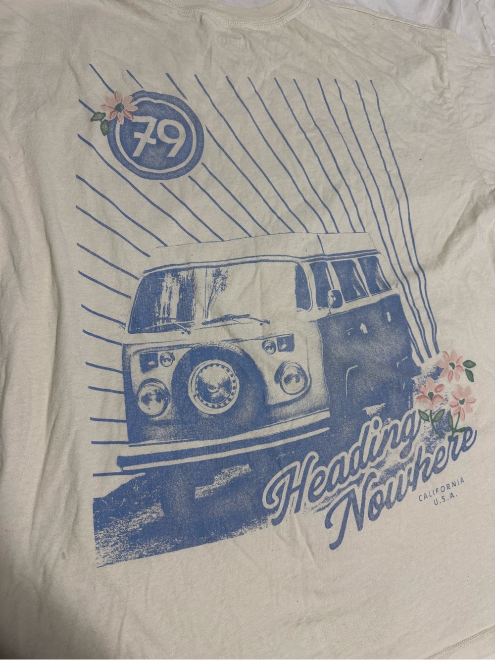 Hollister Cream Tee with Blue Camper Van Graphic and Pink Floral Accents